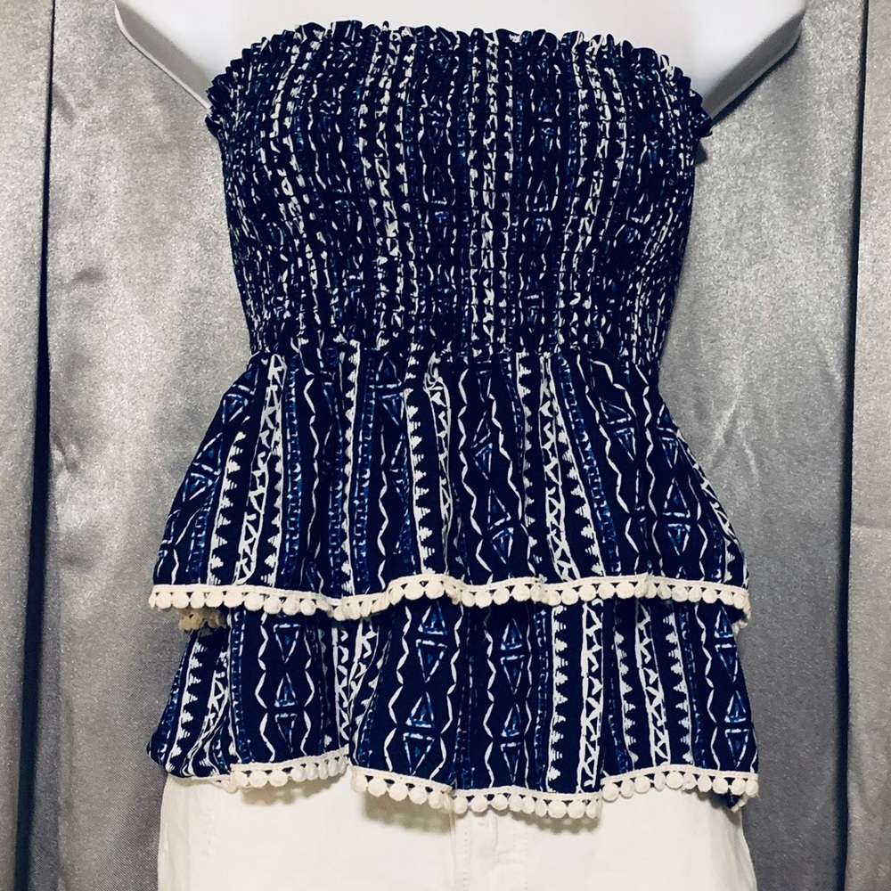 Smocked Strapless Peplum Top - Navy & White